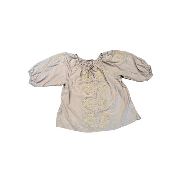 Solitaire Large Oversized Peasant puff 1/2 sleeve Embroidered Blouse Beige top - Picture 1 of 6
